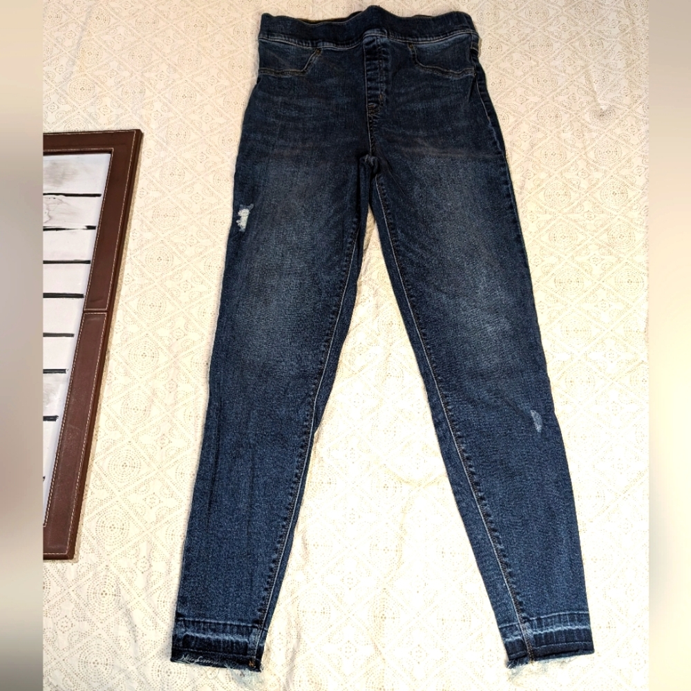 Spanx L‎ raw hem distressed indigo hi rise ankle jeggings